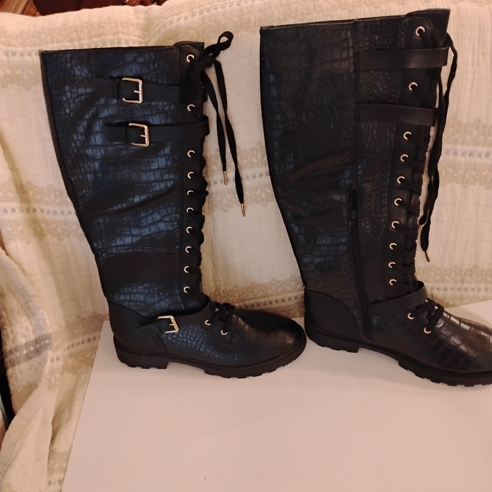 Mavi Black Croc-Embossed Lace-Up Boots